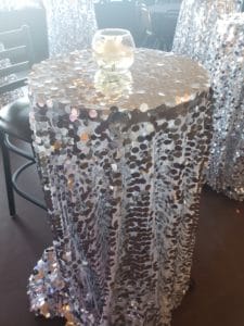 120 in. Round Payette Sequin Tablecloth Silver for rent